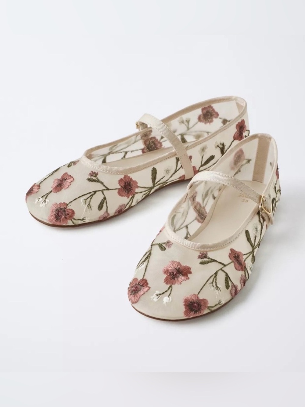 Zara Kida Floral Embroidery Mary Jane Flats, Pink/Cream, Size 12-12.5 (EU 30)